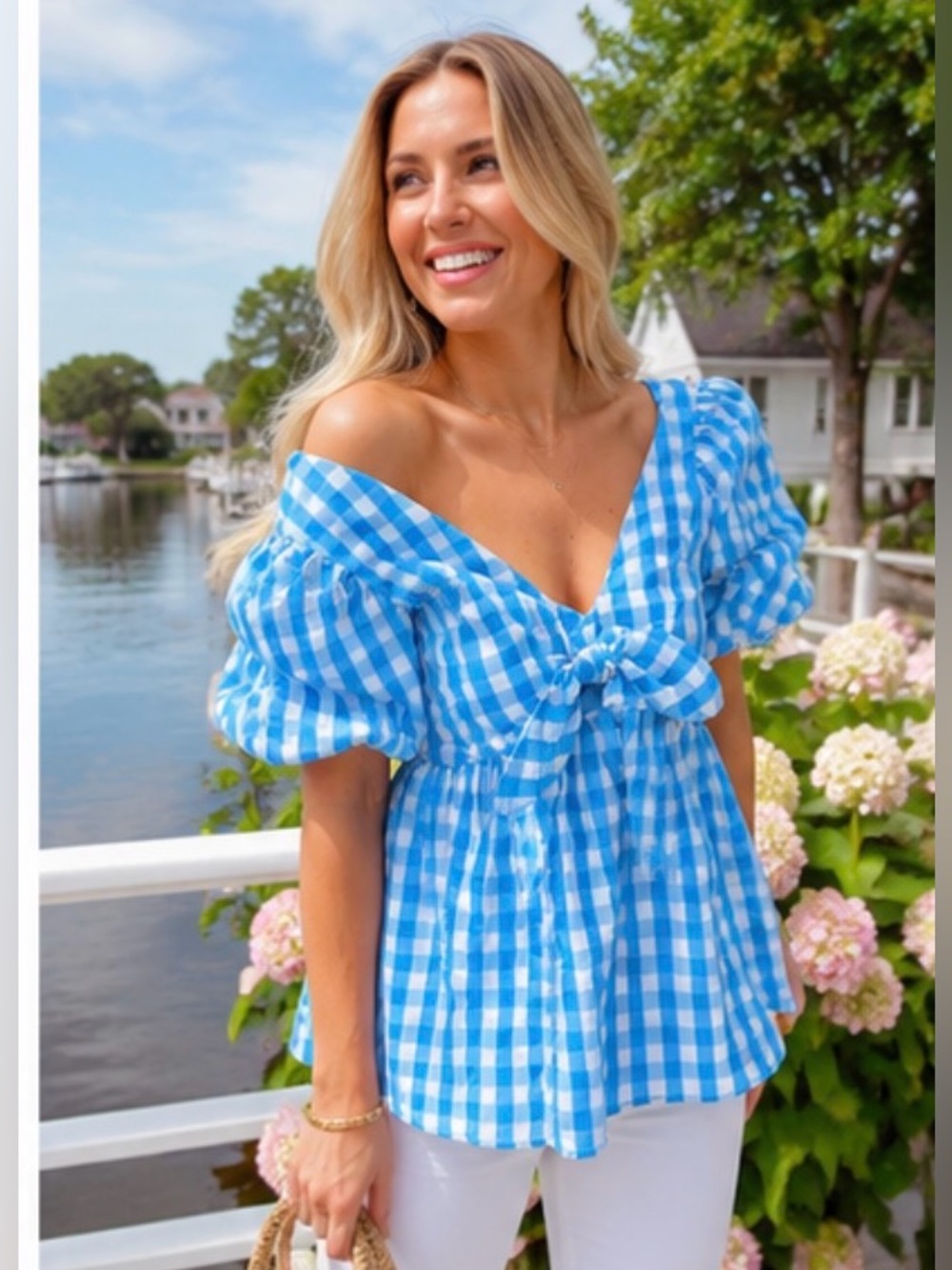 Lilly Pulitzer Sarafina Top Blue Gingham Puff Sleeve Peplum Bow Blouse Sz 4
